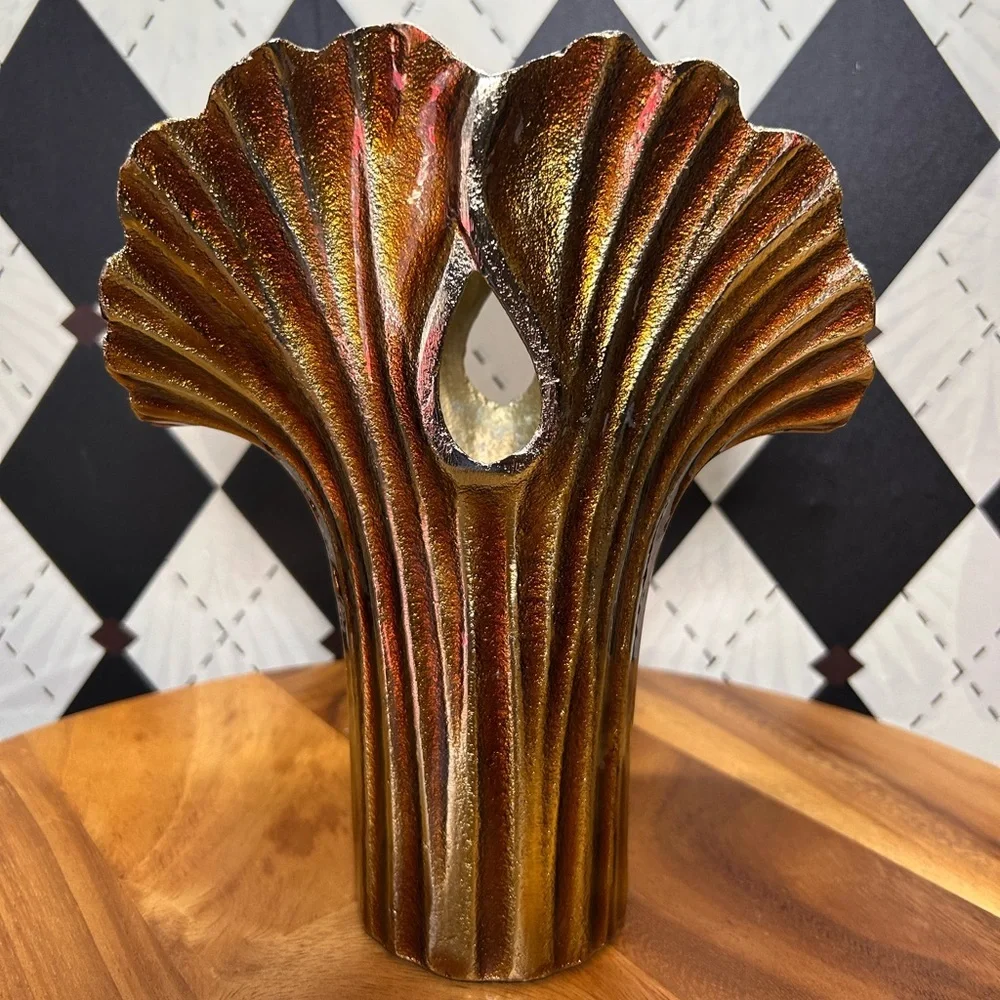 Vase Modern Asian Metal Enameled Ginkgo Leaf 9 Inch Decorative‎ Art
